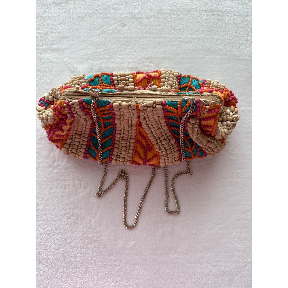 Viral Made in India Handcrafted Artisan Beaded Clutch/Purse Gold Tone Chain - Picture 4 of 16